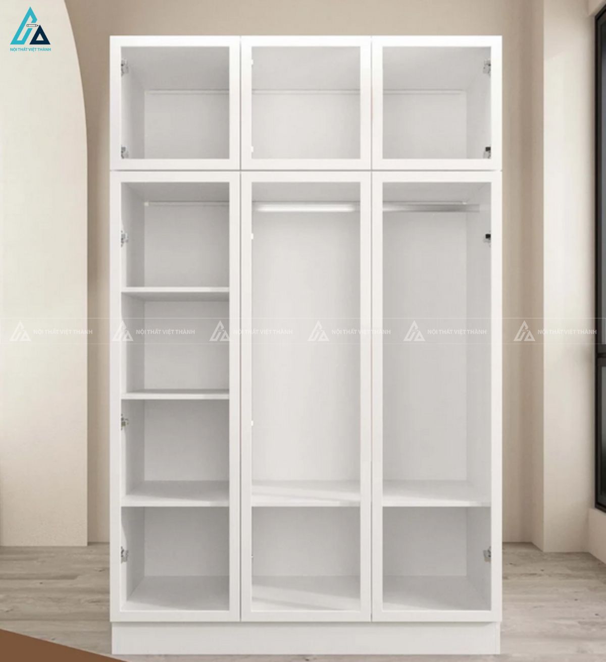 Tủ quần áo cánh kính trắng cao cấp phối kệ trang trí đa năng tiện ích 4