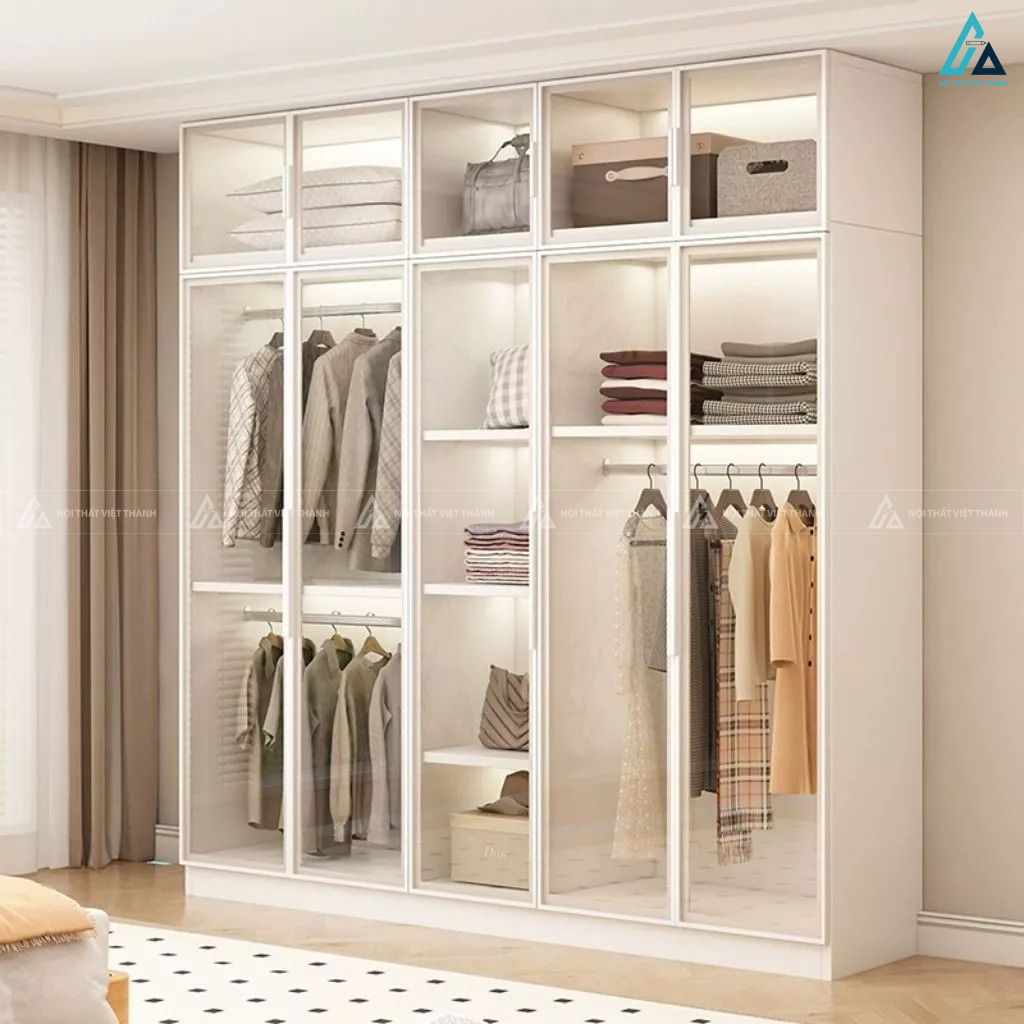 Tủ áo cánh kính khung trắng tinh tế kèm kệ trưng bày thông minh 1