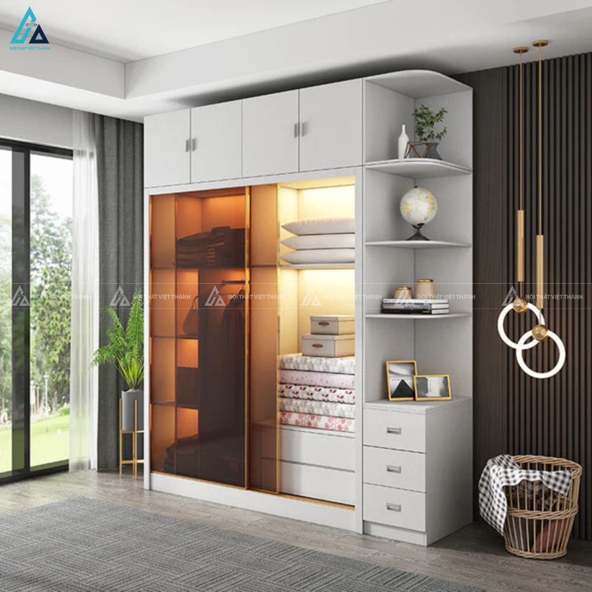 Tủ quần áo cánh kính đa năng kết hợp kệ trang trí bền bỉ lâu dài