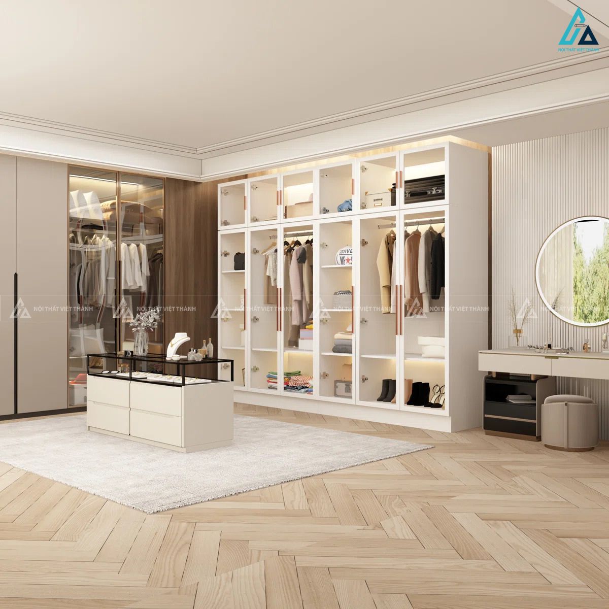 Tủ quần áo cánh kính trắng sang trọng tích hợp đèn led hiện đại 3