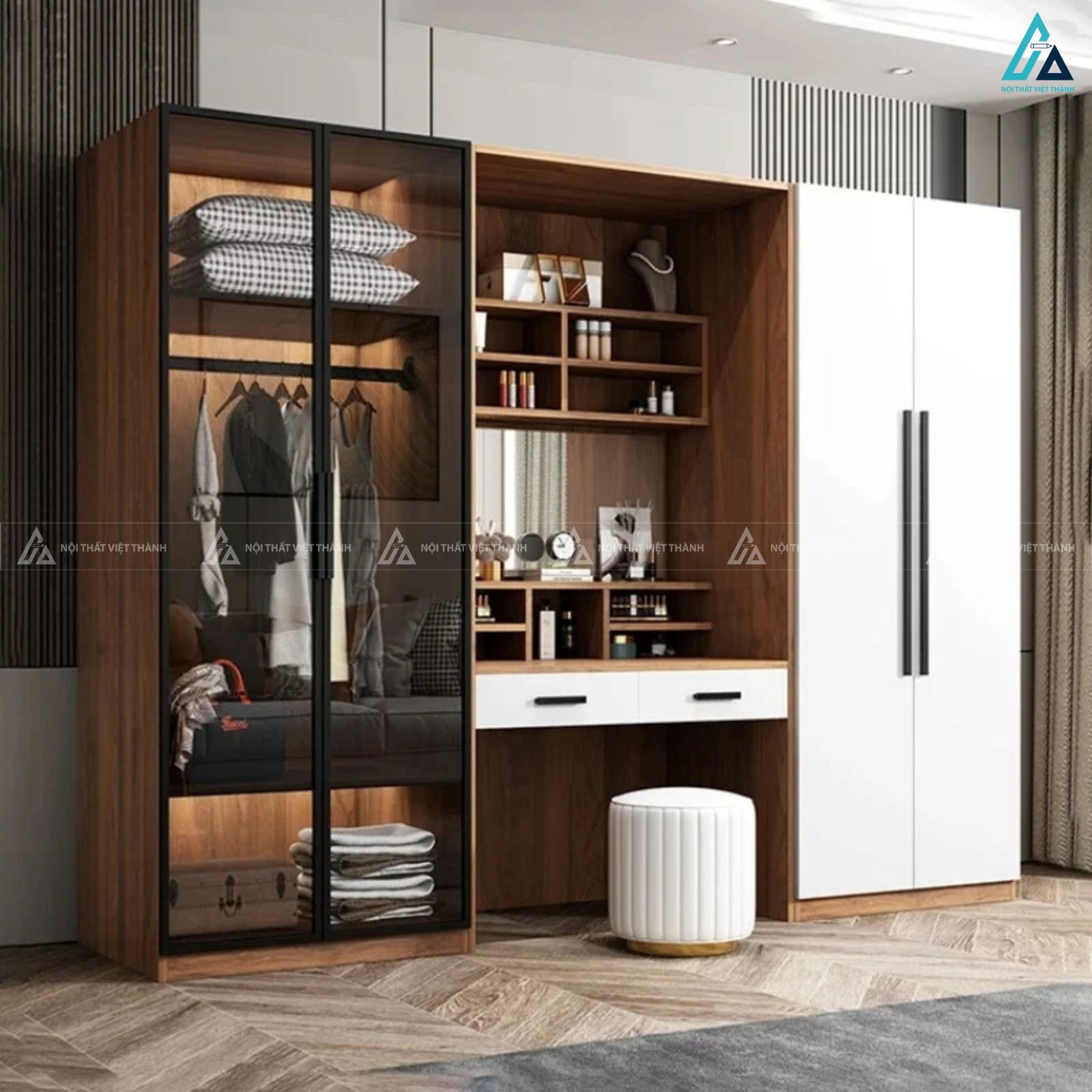 Tủ quần áo cánh kính kết hợp bàn trang điểm tiện lợi sang trọng 2