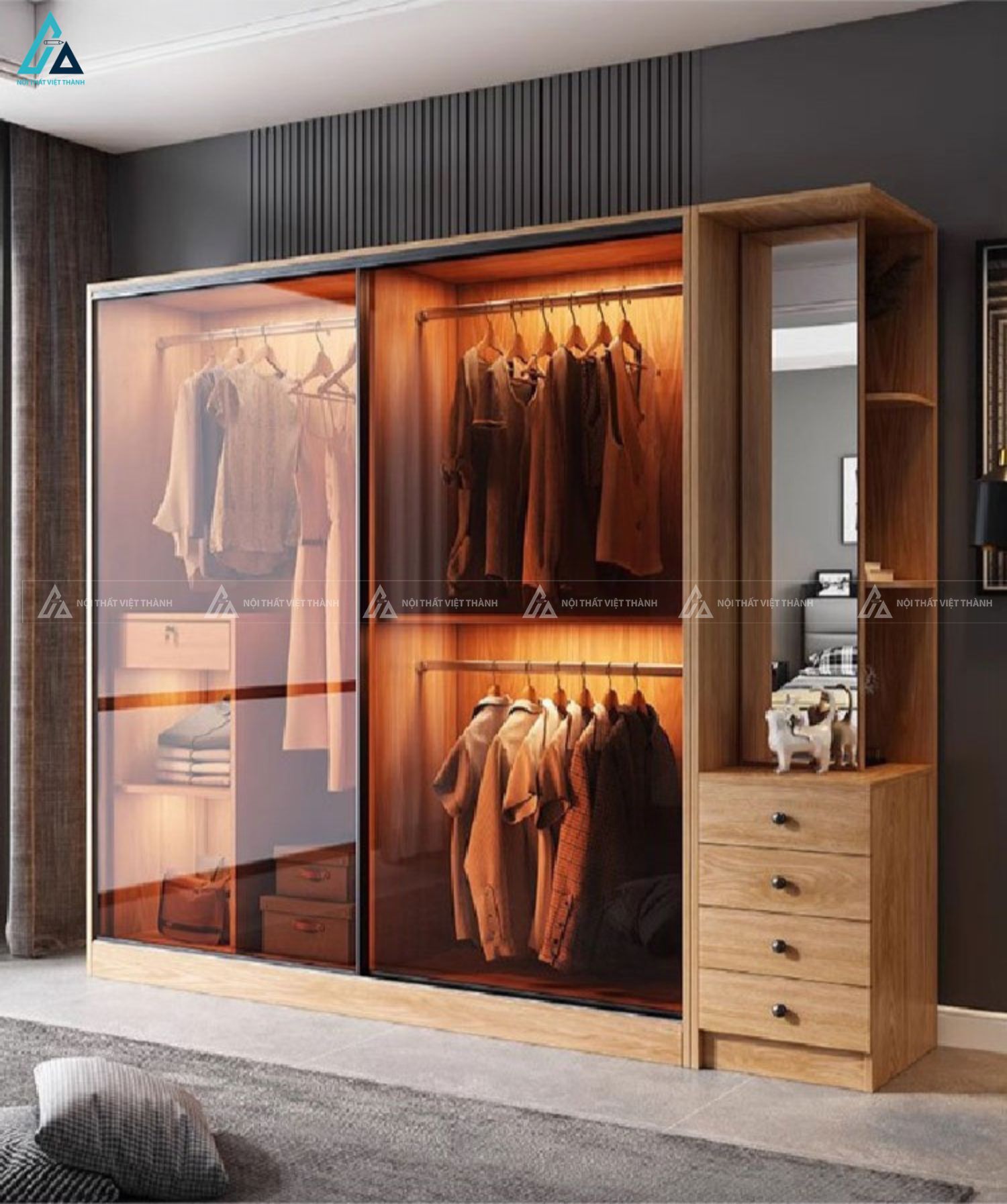 Tủ quần áo cánh kính khung gỗ tích hợp kệ trang trí tinh tế 3
