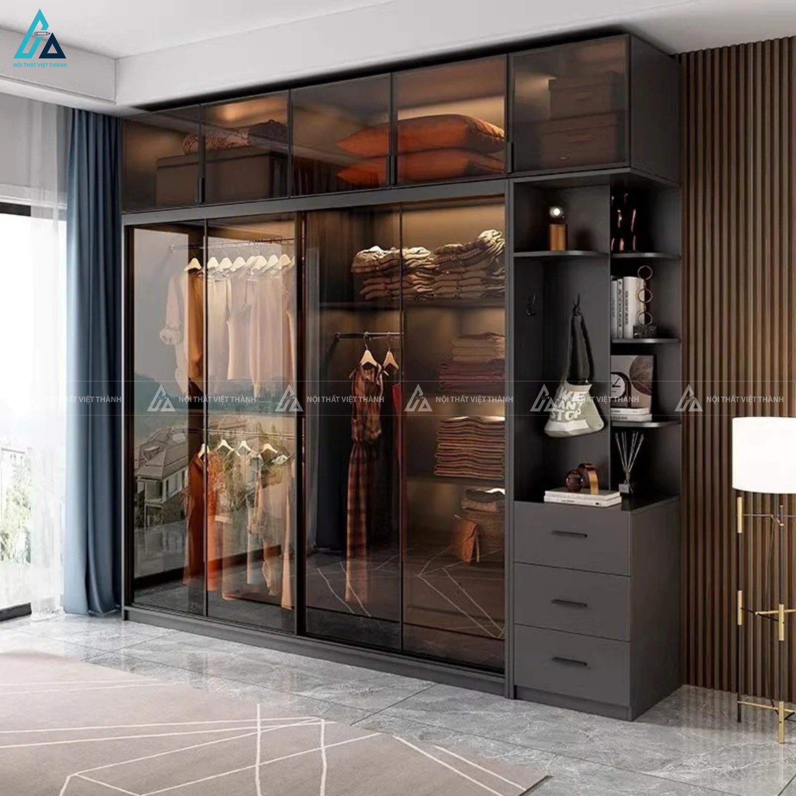Tủ quần áo cánh kính lùa màu tối sang trọng kèm kệ trang trí