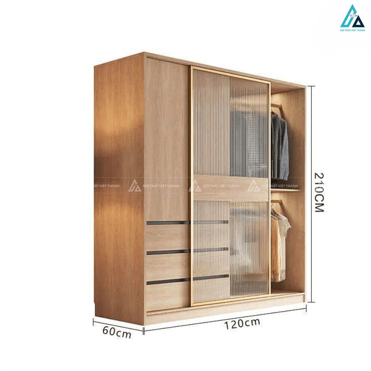Tủ quần áo cánh kính viền vàng phối ngăn kéo gỗ tiện dụng thông minh 2