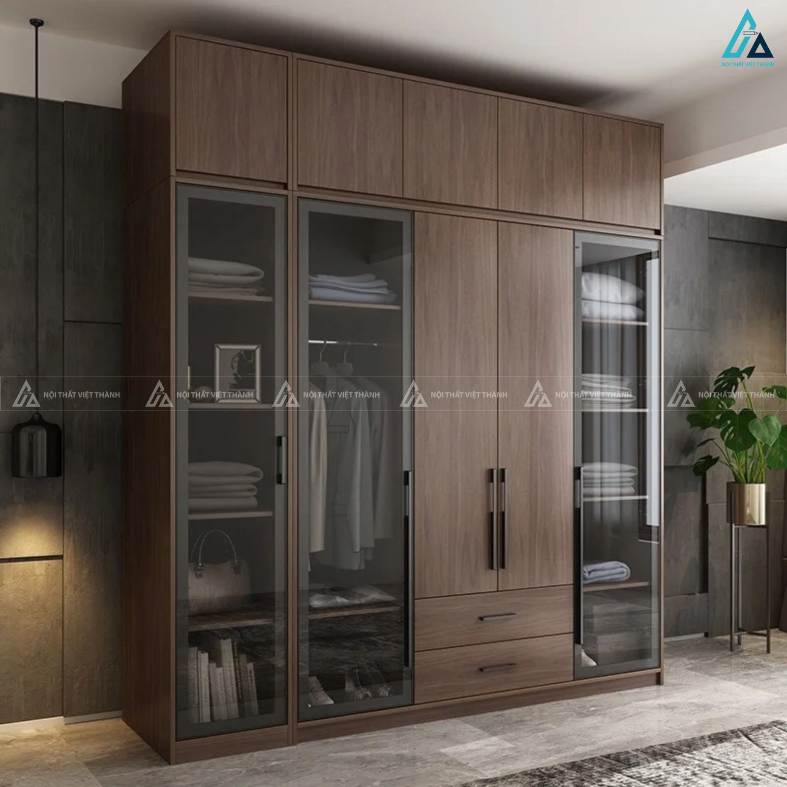 Tủ áo cánh kính khung gỗ màu nâu trầm đẳng cấp cho phòng ngủ