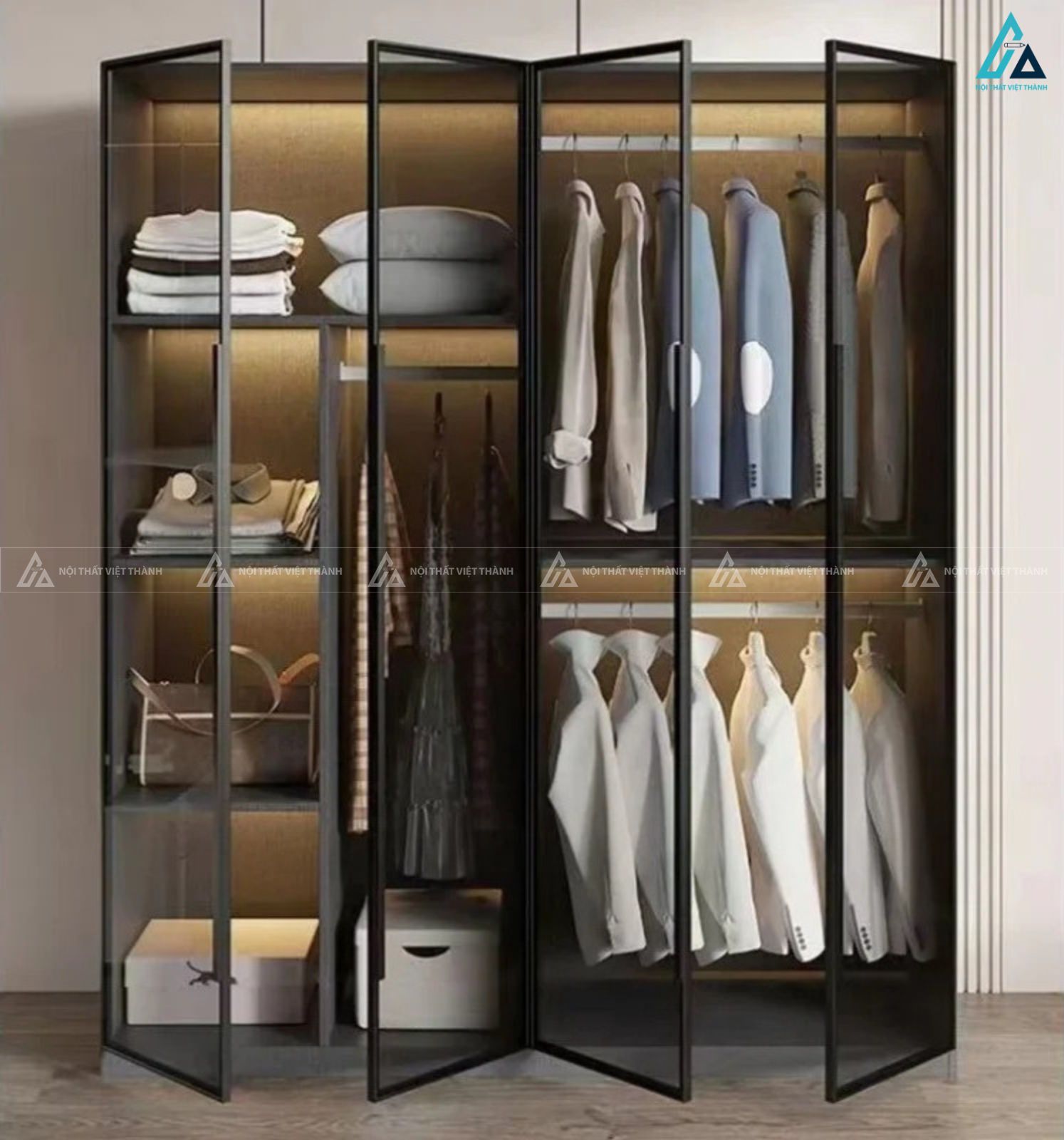 Tủ quần áo cánh kính sang trọng tích hợp kệ để đồ và ngăn kéo 2