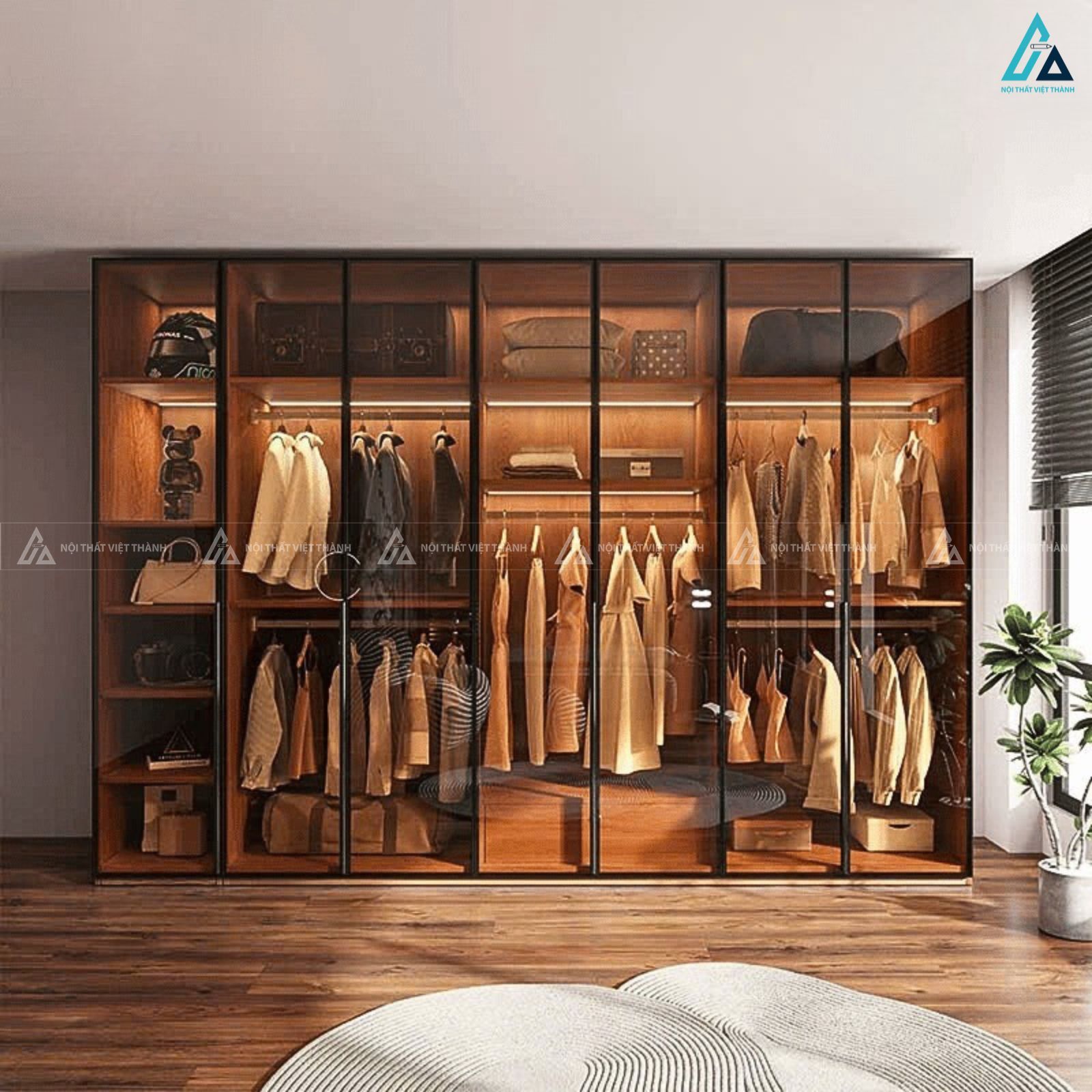 Tủ quần áo cánh kính khung đen kết hợp đèn led bền bỉ đa năng 1