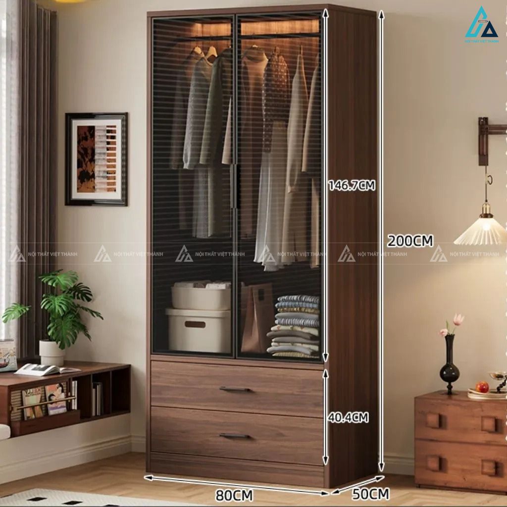 Tủ quần áo cánh kính có đèn led sang trọng thiết kế ngăn kéo gỗ 2