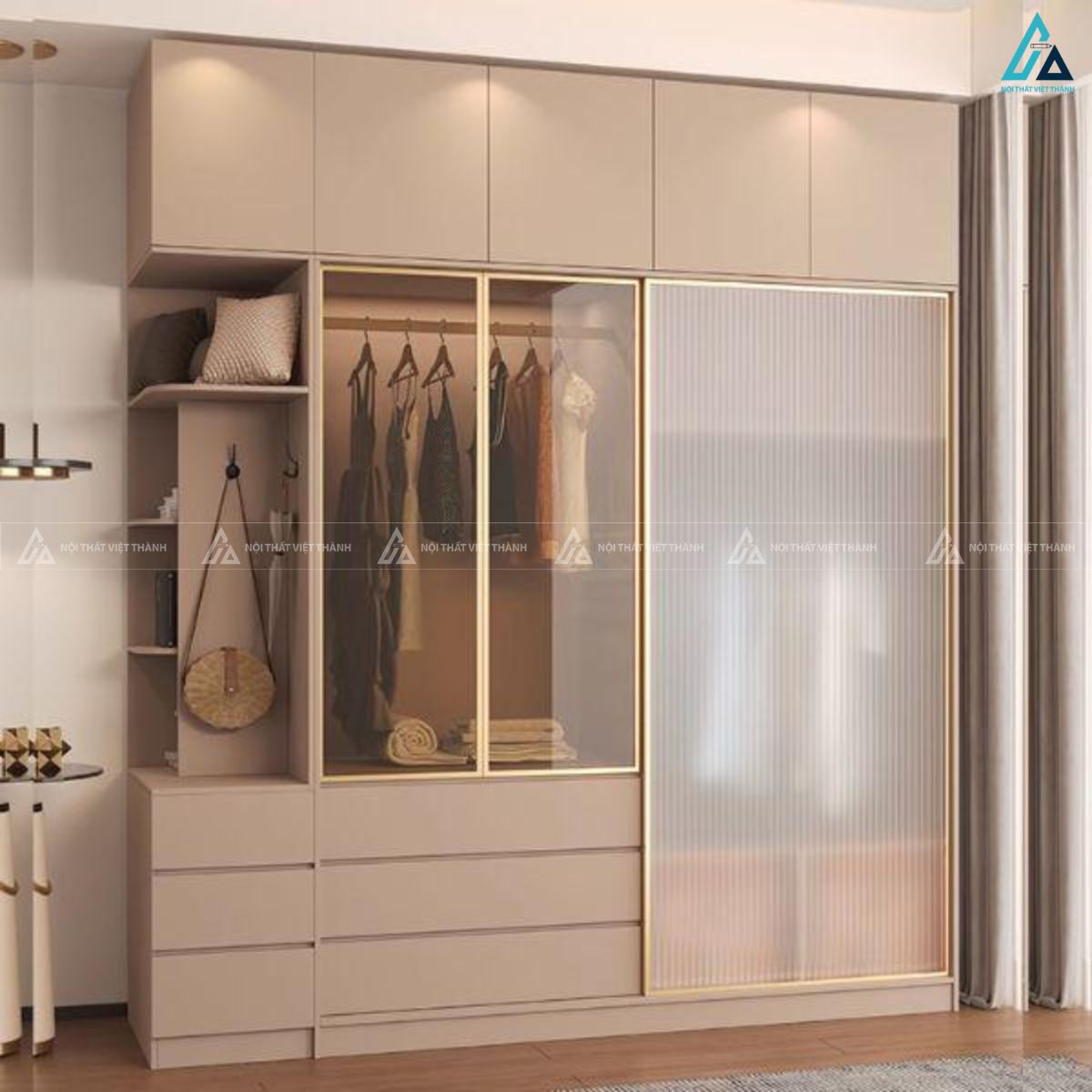 Tủ quần áo cánh kính phối màu kem trang nhã thiết kế tối giản
