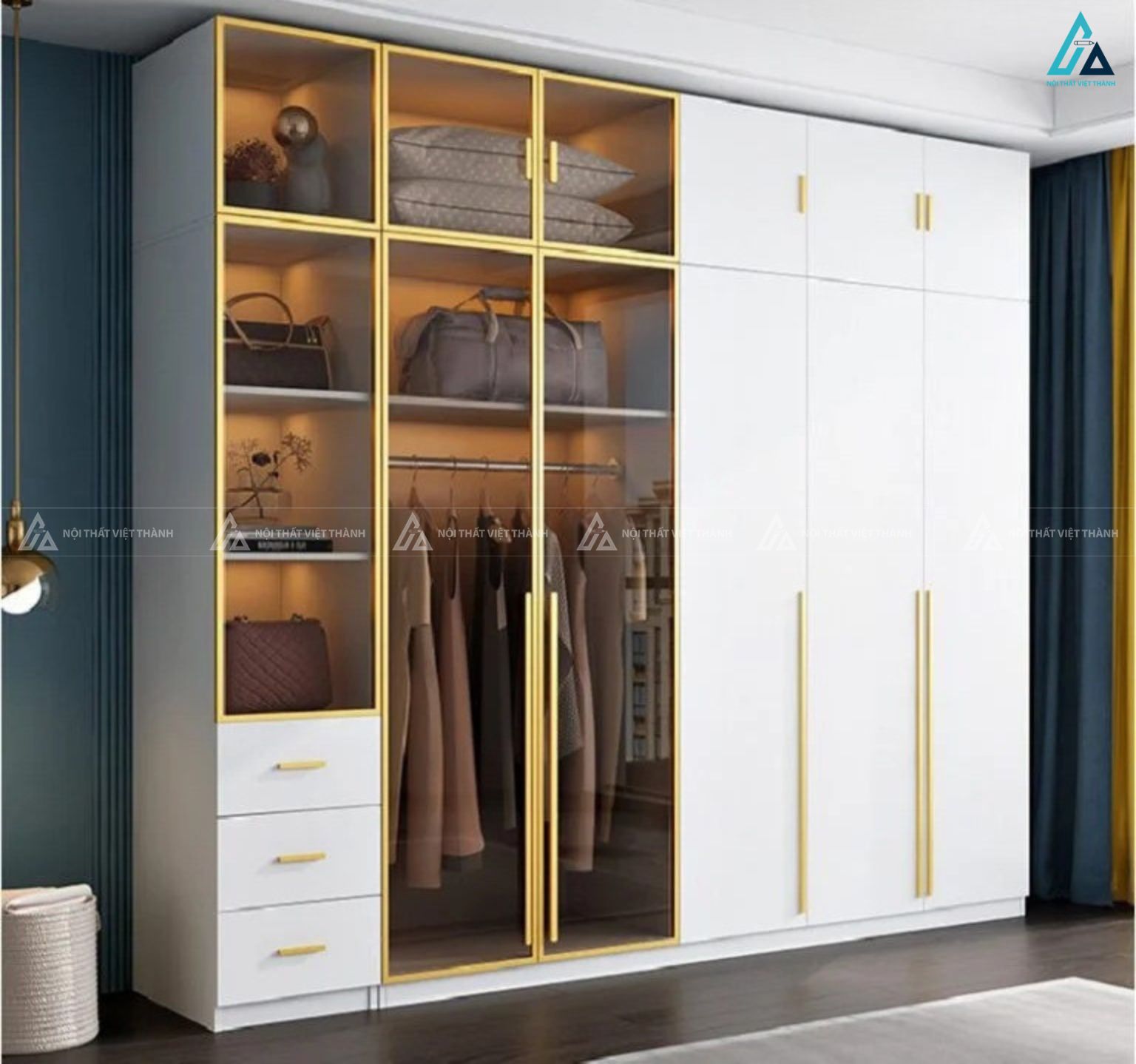 Tủ quần áo màu trắng phối cánh kính đẳng cấp cho phòng ngủ