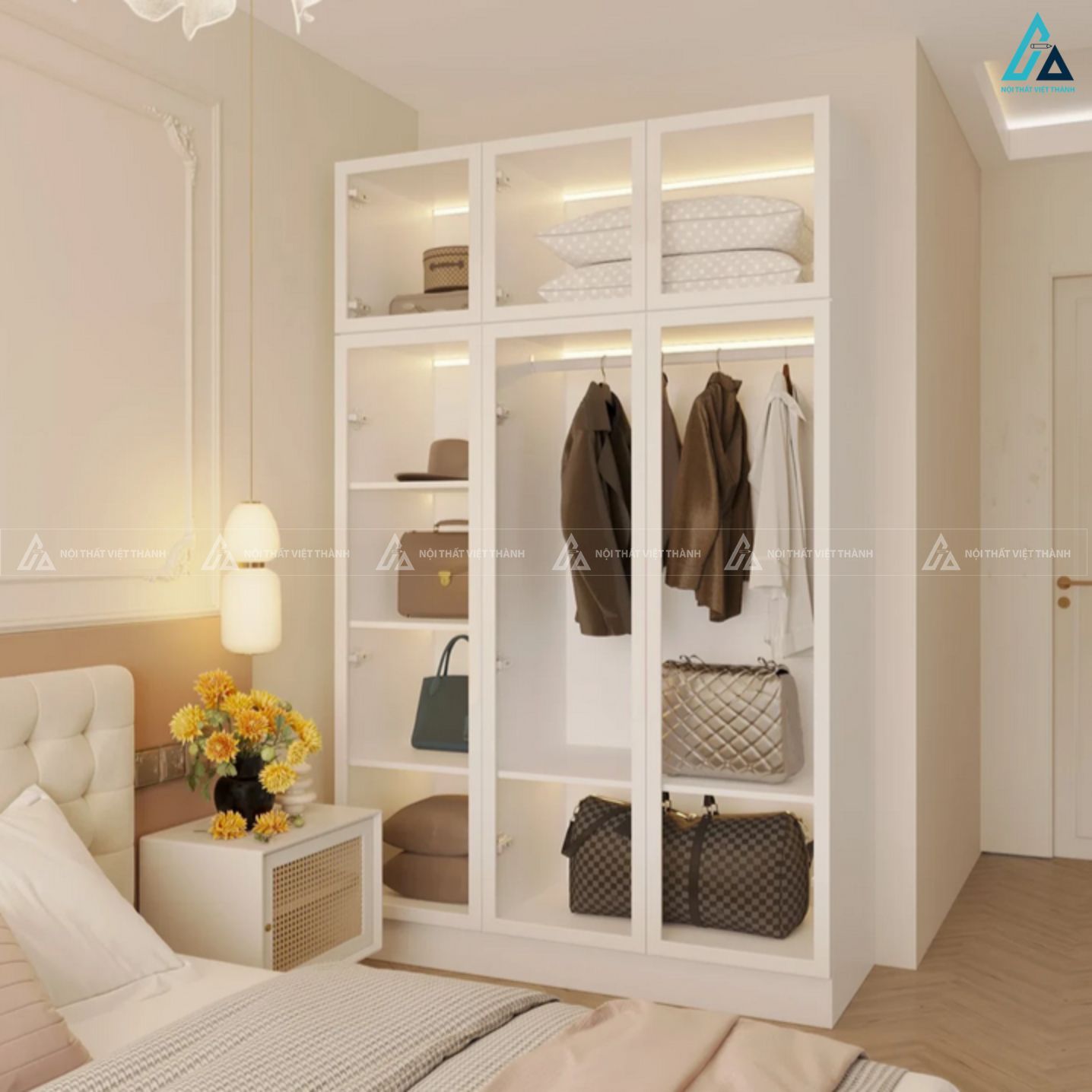 Tủ quần áo cánh kính trắng cao cấp phối kệ trang trí đa năng tiện ích