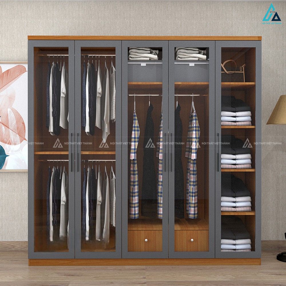 Tủ áo cánh kính khung xám kết hợp kệ gỗ đa năng tiện ích cao cấp
