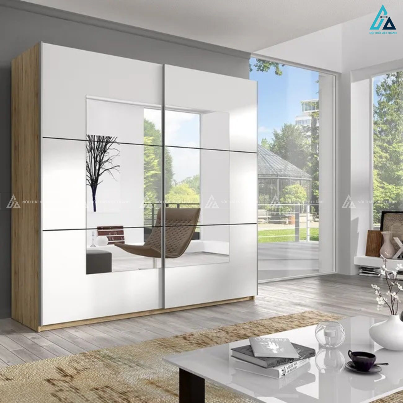 Tủ quần áo cánh kính hiện đại phối gỗ cao cấp bền đẹp tinh tế