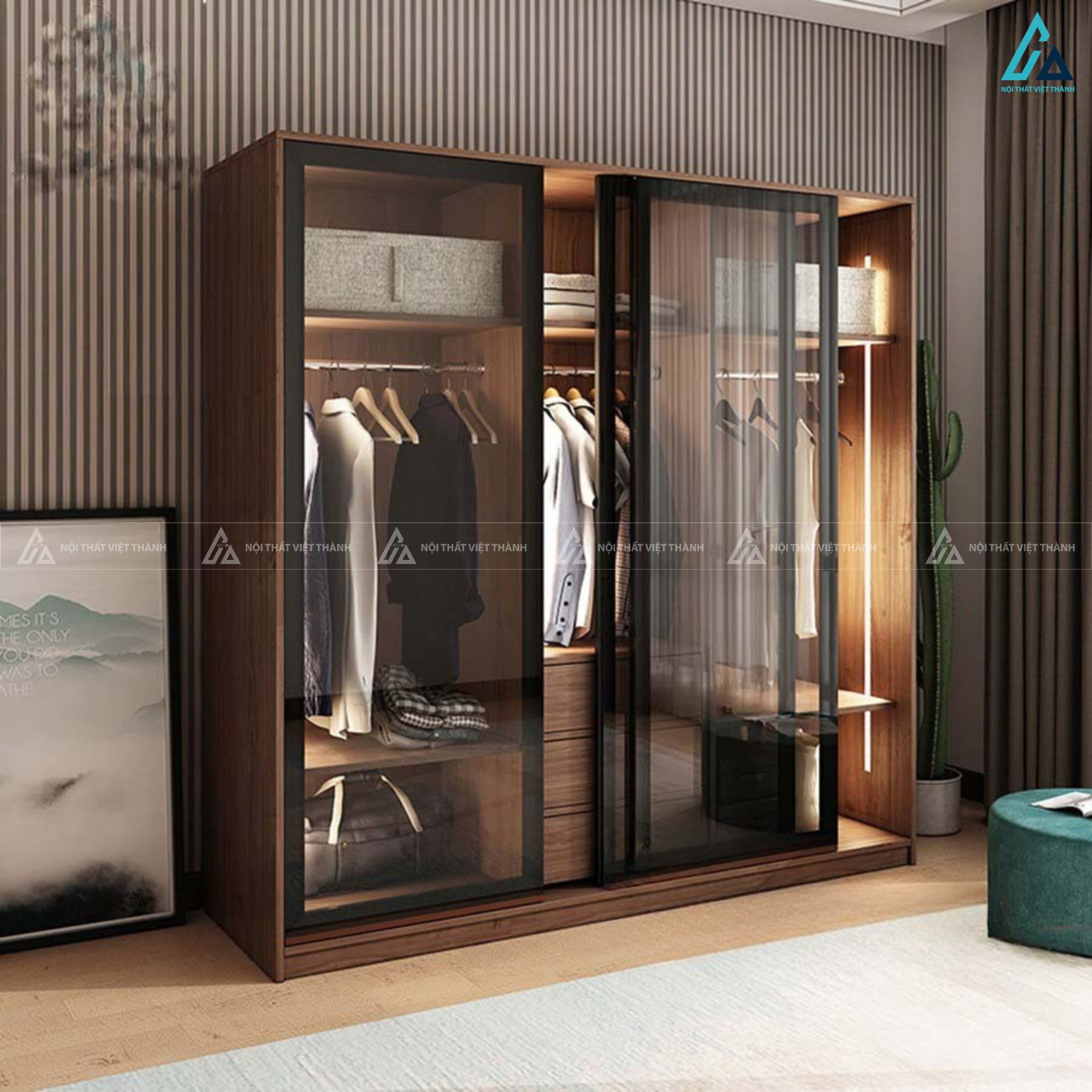 Tủ quần áo cánh kính khung đen hiện đại tối ưu lưu trữ tiện ích