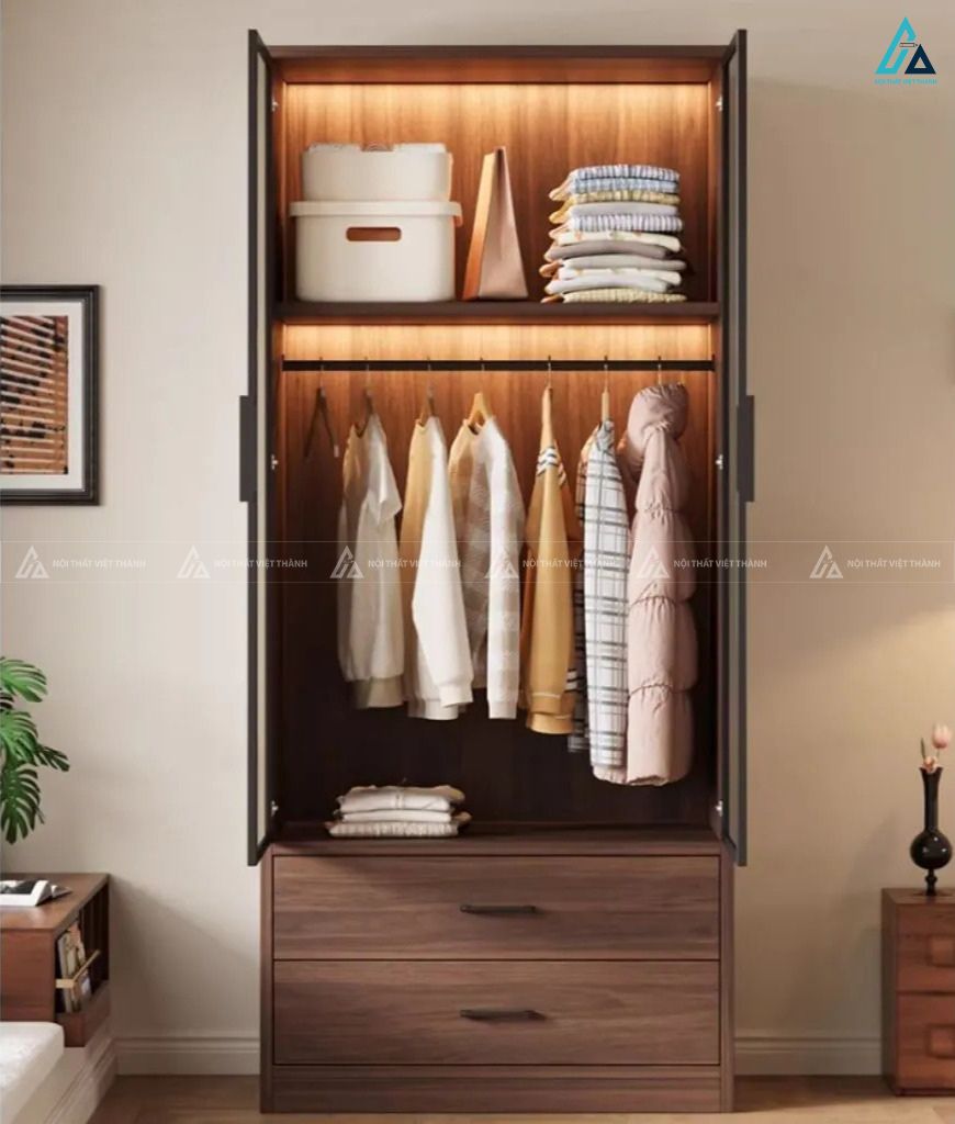 Tủ quần áo cánh kính có đèn led sang trọng thiết kế ngăn kéo gỗ 1