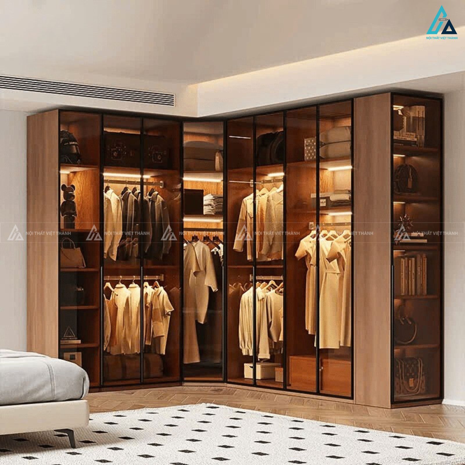 Tủ quần áo cánh kính khung đen kết hợp đèn led bền bỉ đa năng