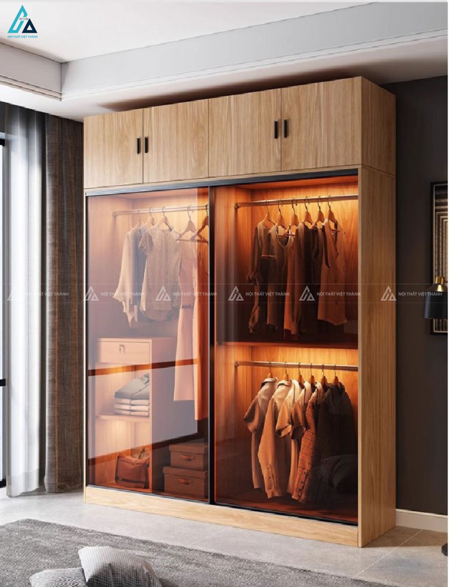 Tủ quần áo cánh kính khung gỗ tích hợp kệ trang trí tinh tế 2