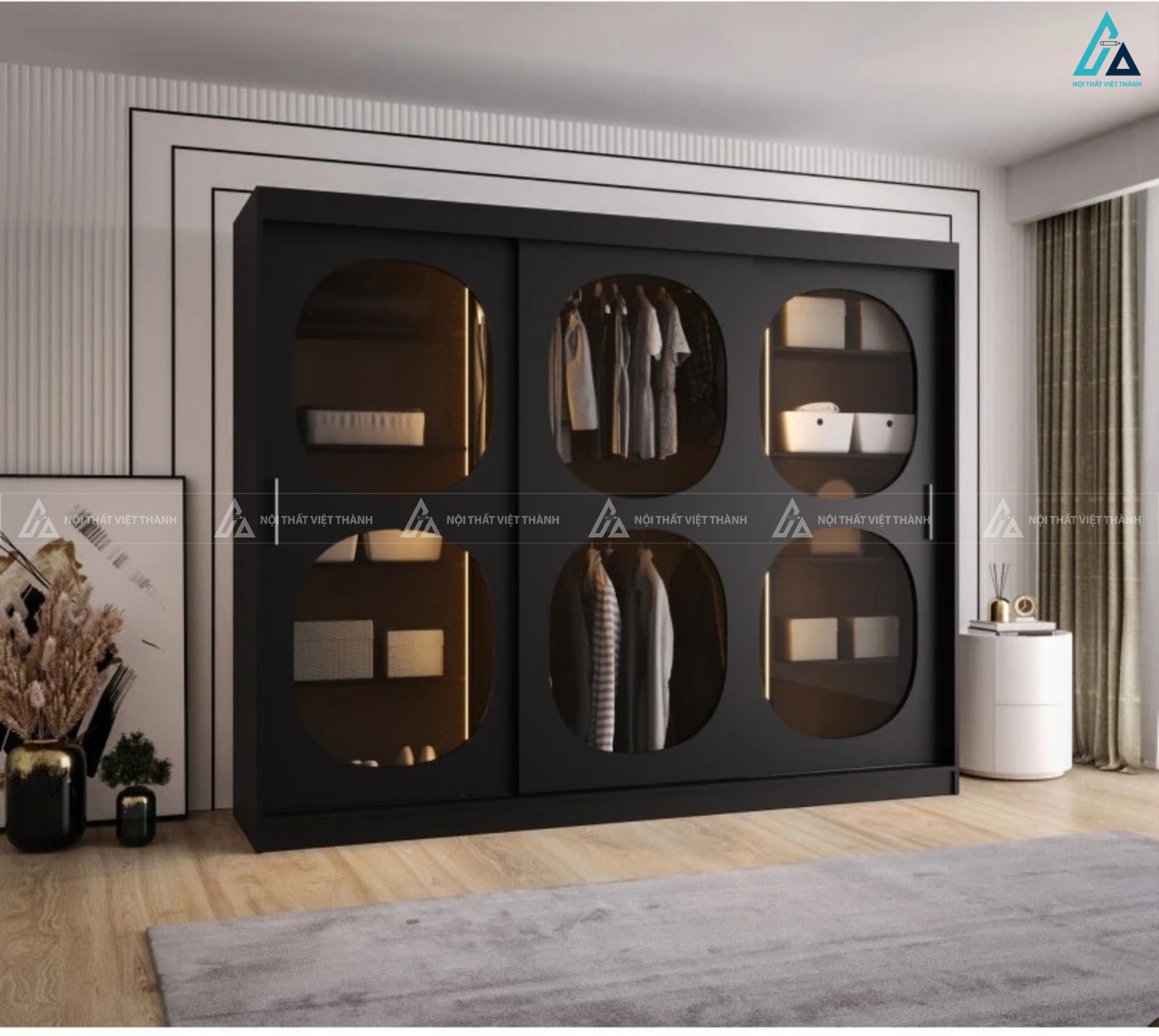 Tủ quần áo cánh kính màu đen thiết kế ô tròn độc đáo hiện đại