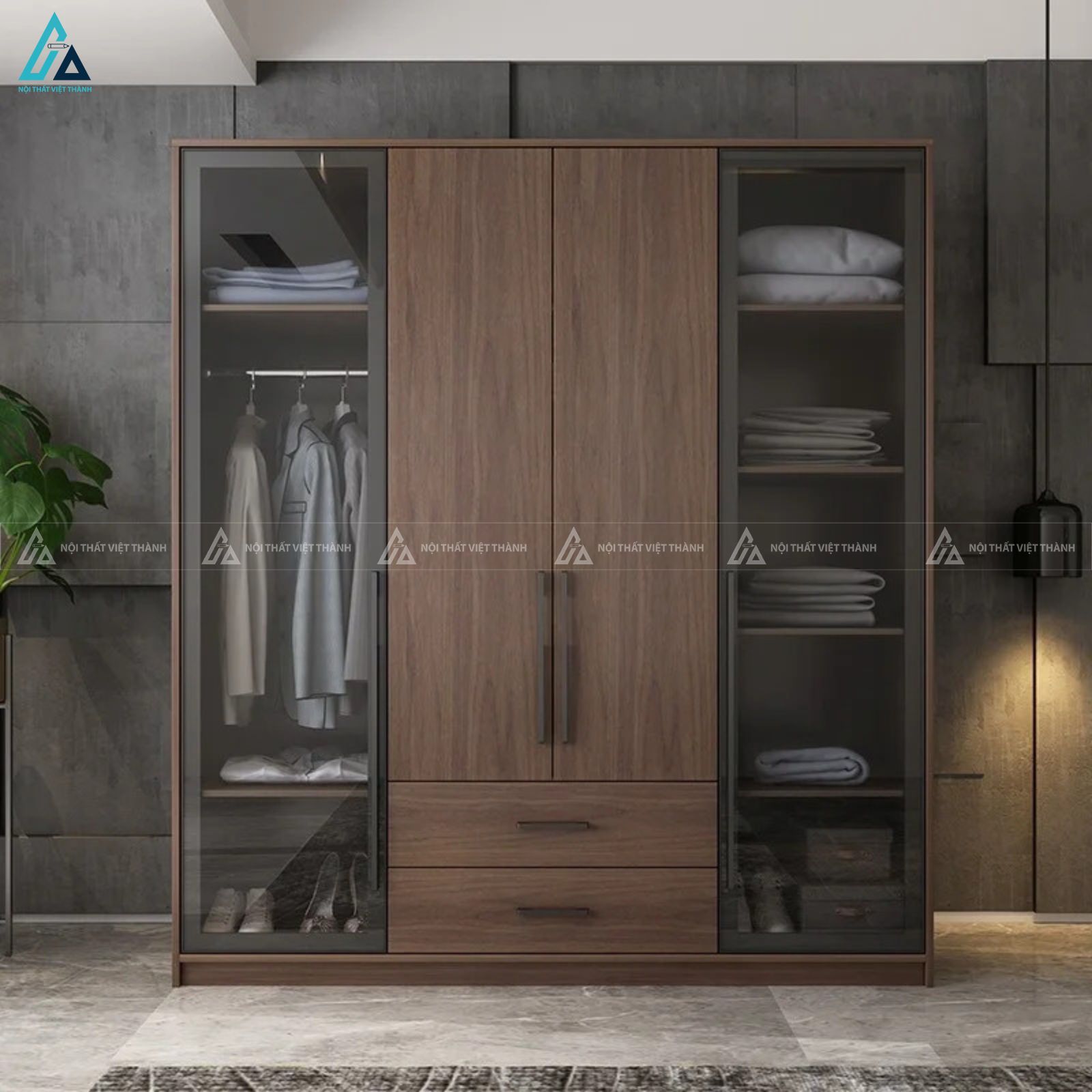 Tủ áo cánh kính khung gỗ màu nâu trầm đẳng cấp cho phòng ngủ 1