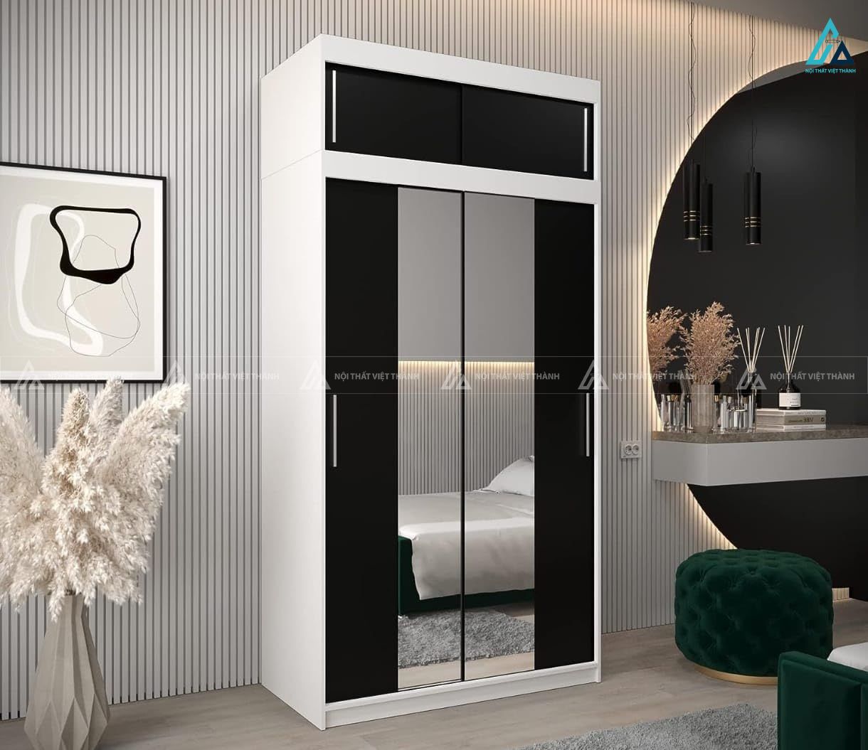Tủ quần áo cánh kính viền đen phối gương cao cấp tinh tế sang trọng