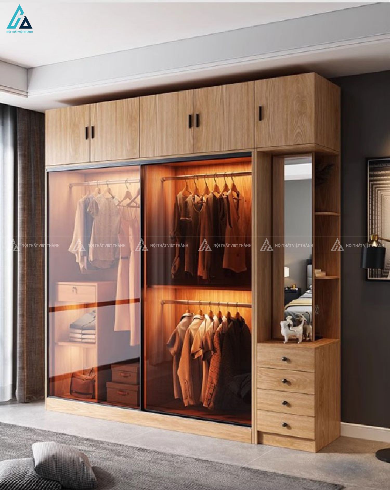 Tủ quần áo cánh kính khung gỗ tích hợp kệ trang trí tinh tế 1