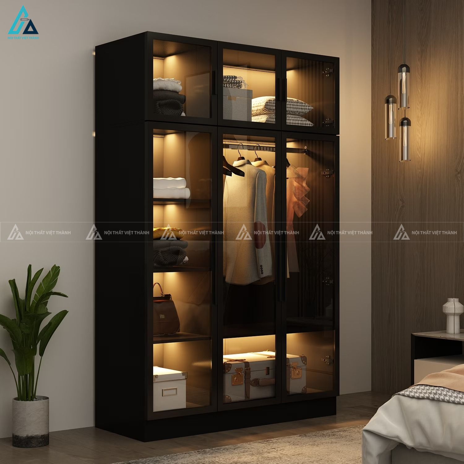 Tủ quần áo cánh kính màu đen sang trọng có đèn led thông minh
