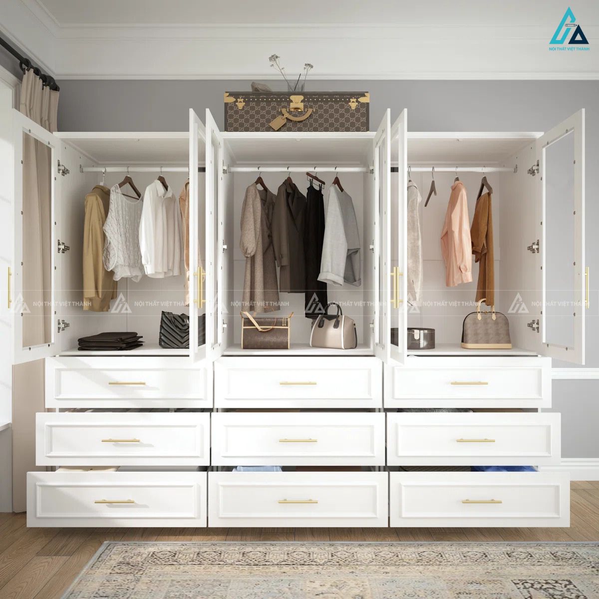Tủ quần áo cánh kính trắng thiết kế cổ điển tinh tế cho phòng ngủ đẹp 2