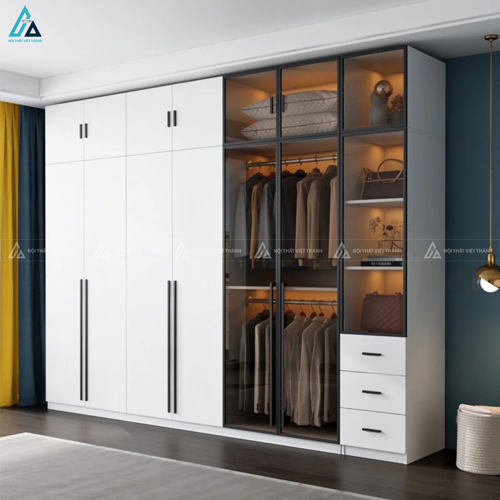 Tủ quần áo màu trắng phối cánh kính đẳng cấp cho phòng ngủ 2