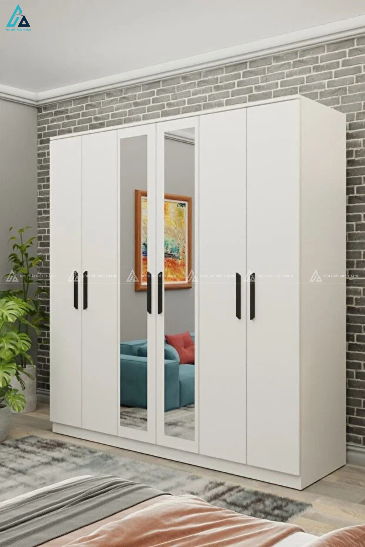 Tủ quần áo cánh kính màu trắng thiết kế tối giản tiện nghi