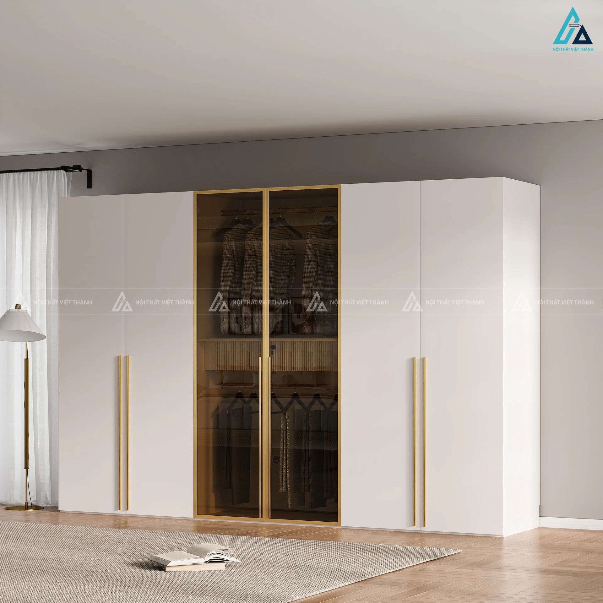 Tủ quần áo cánh kính sang trọng phối khung viền vàng đẳng cấp 4