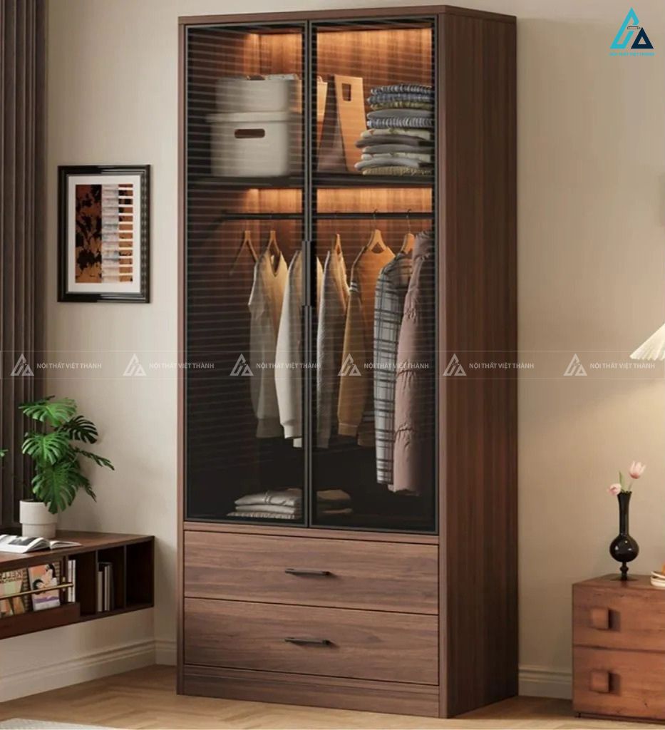 Tủ quần áo cánh kính có đèn led sang trọng thiết kế ngăn kéo gỗ