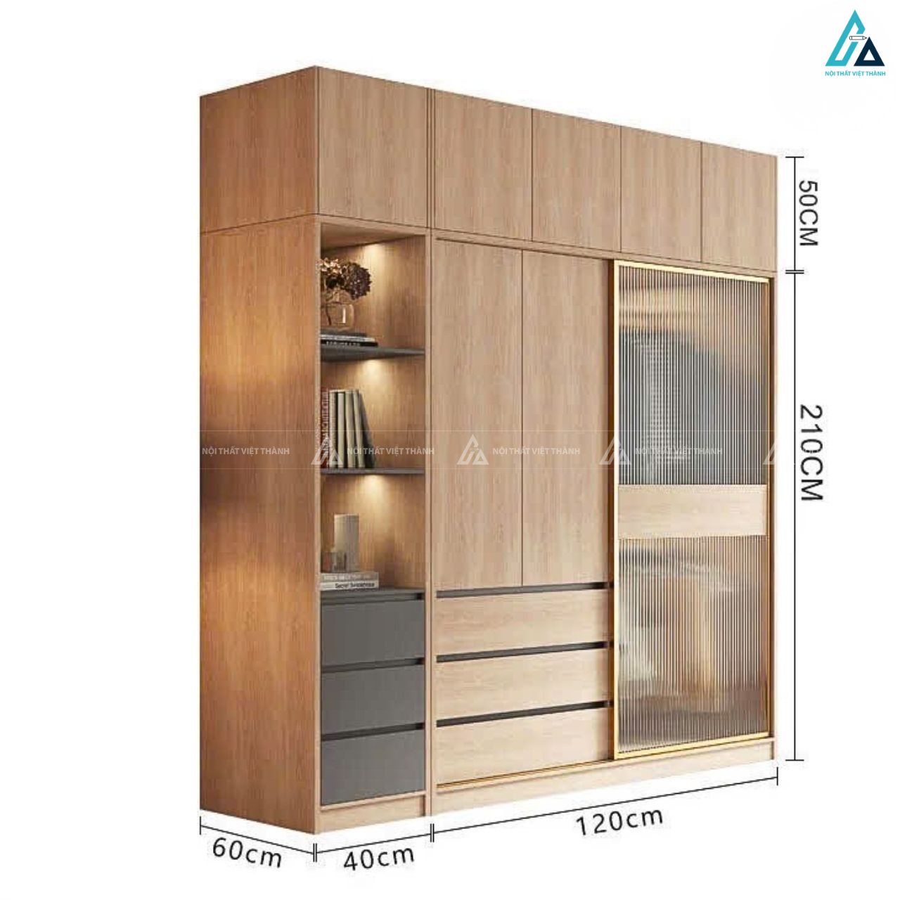 Tủ quần áo cánh kính viền vàng phối ngăn kéo gỗ tiện dụng thông minh 3