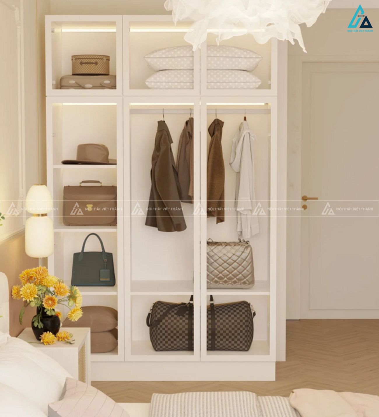 Tủ quần áo cánh kính trắng cao cấp phối kệ trang trí đa năng tiện ích 1
