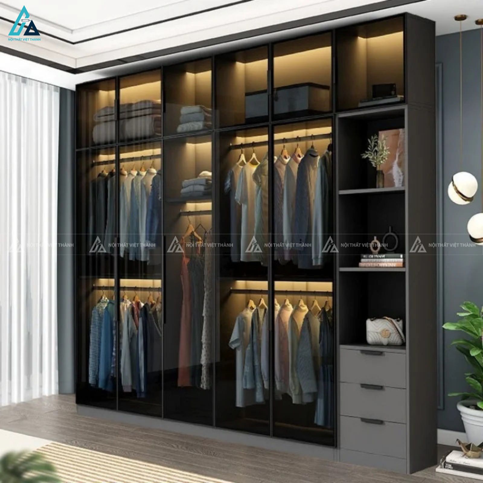 Tủ quần áo cánh kính sang trọng tích hợp kệ để đồ và ngăn kéo
