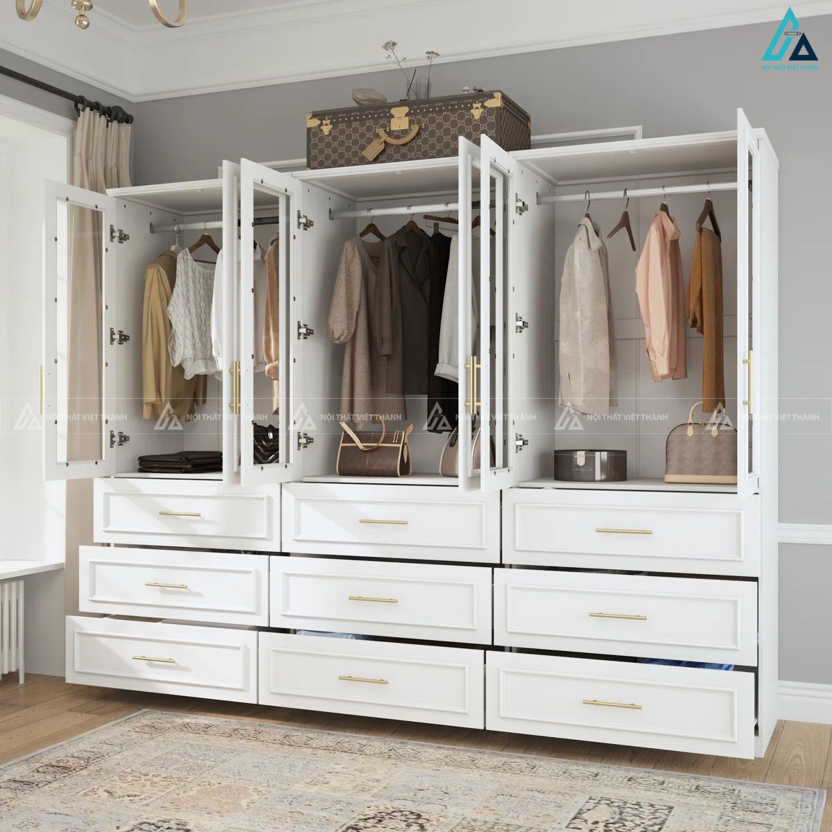 Tủ quần áo cánh kính trắng thiết kế cổ điển tinh tế cho phòng ngủ đẹp 3