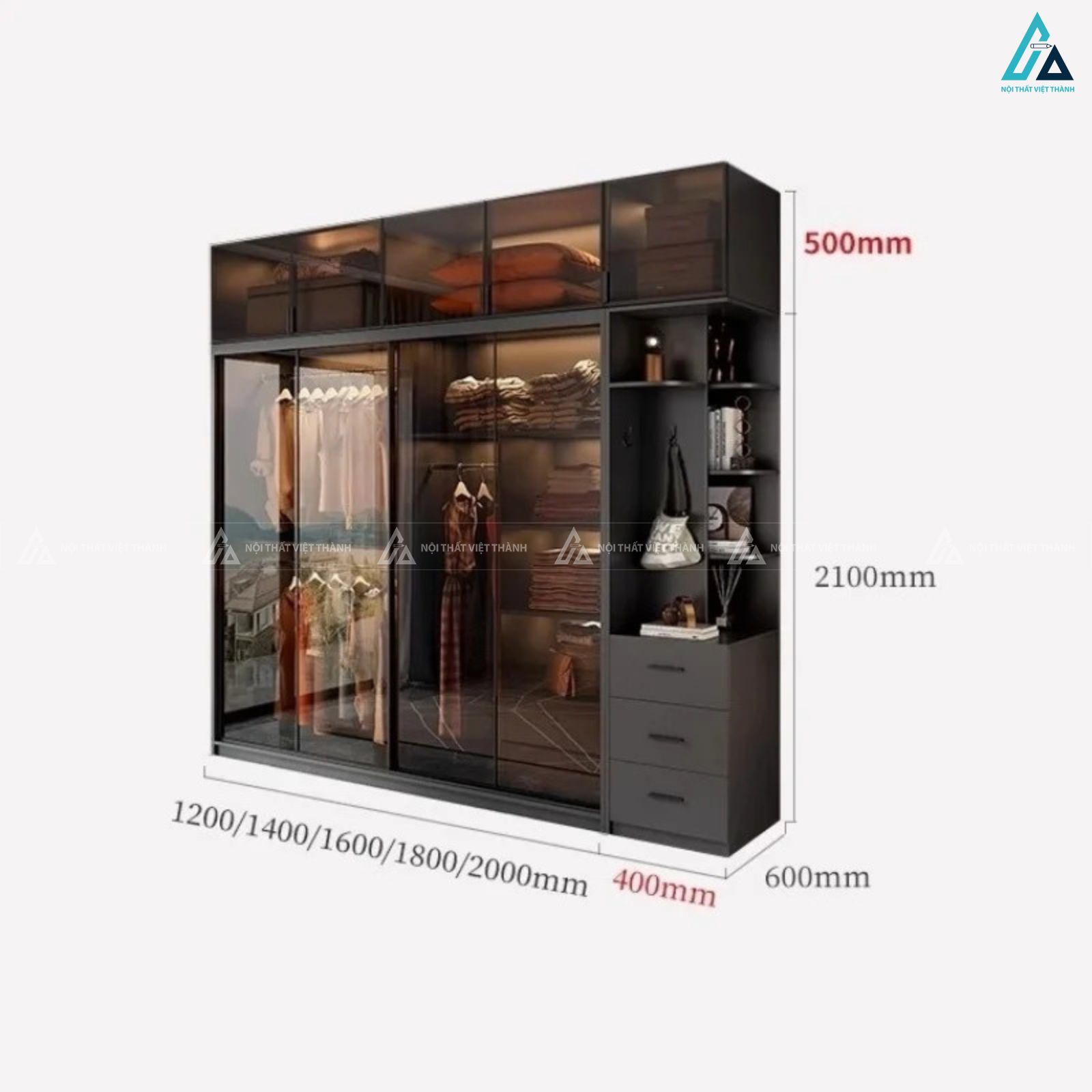 Tủ quần áo cánh kính lùa màu tối sang trọng kèm kệ trang trí 3