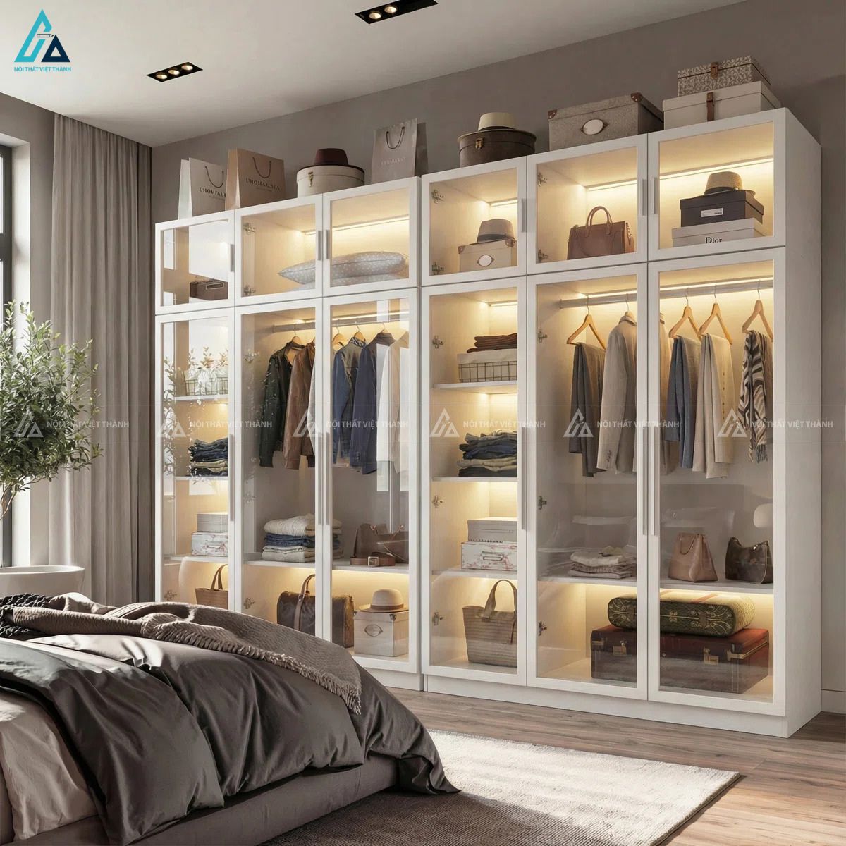 Tủ quần áo cánh kính trắng sang trọng tích hợp đèn led hiện đại