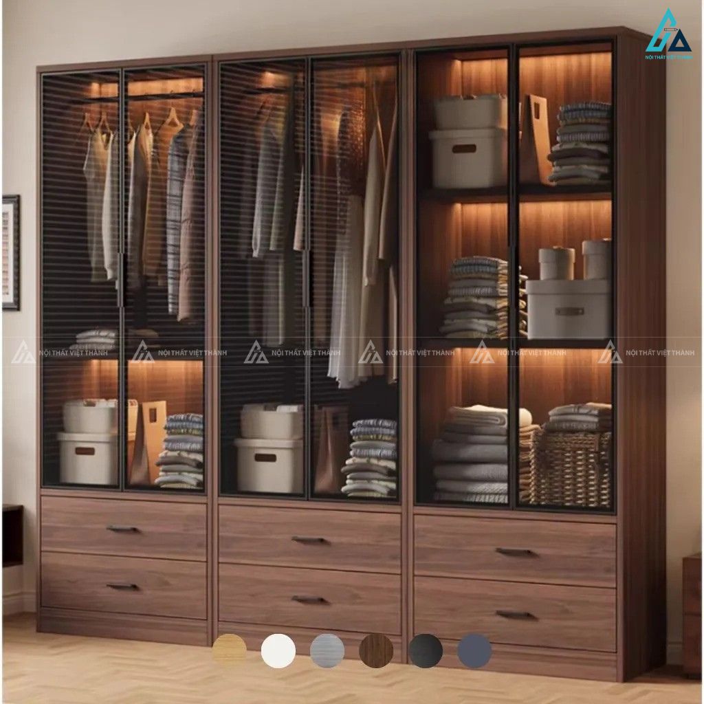 Tủ quần áo cánh kính có đèn led sang trọng thiết kế ngăn kéo gỗ 4
