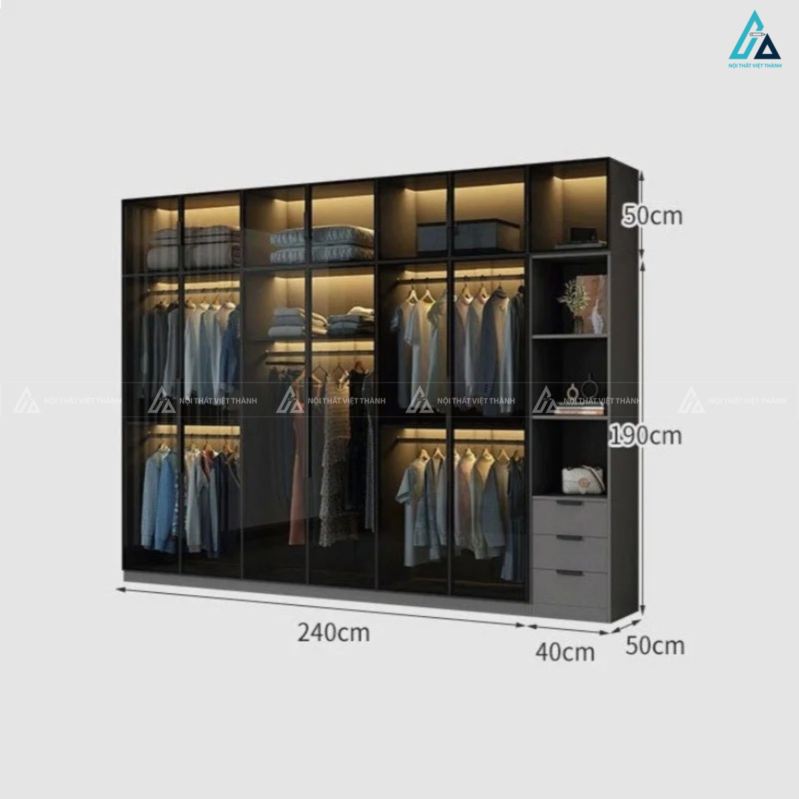 Tủ quần áo cánh kính sang trọng tích hợp kệ để đồ và ngăn kéo 5