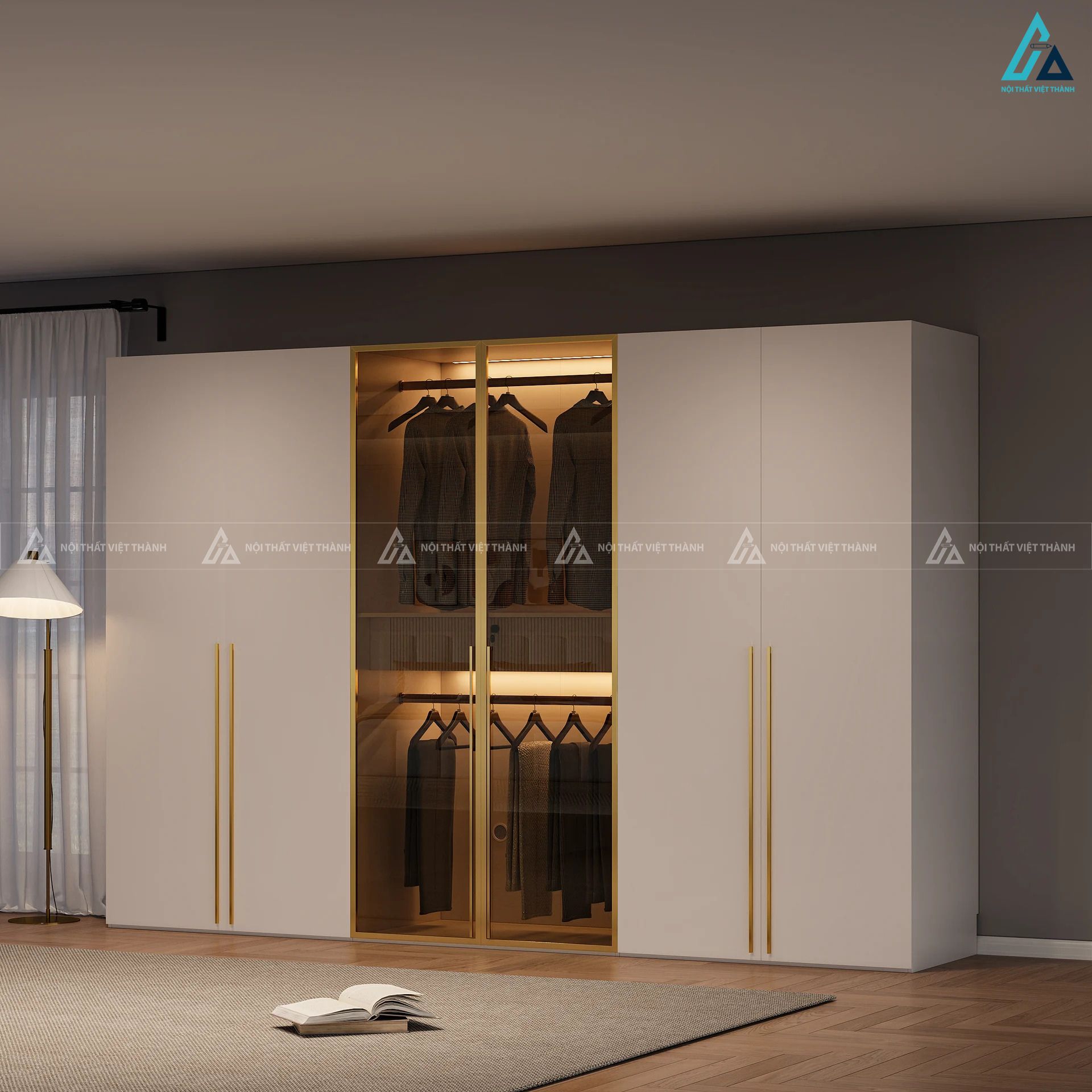 Tủ quần áo cánh kính sang trọng phối khung viền vàng đẳng cấp 1