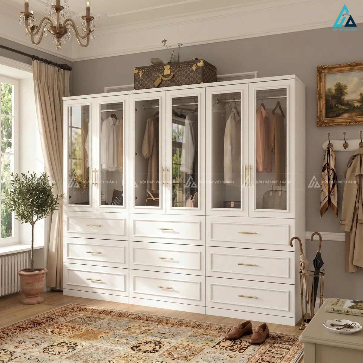 Tủ quần áo cánh kính trắng thiết kế cổ điển tinh tế cho phòng ngủ đẹp