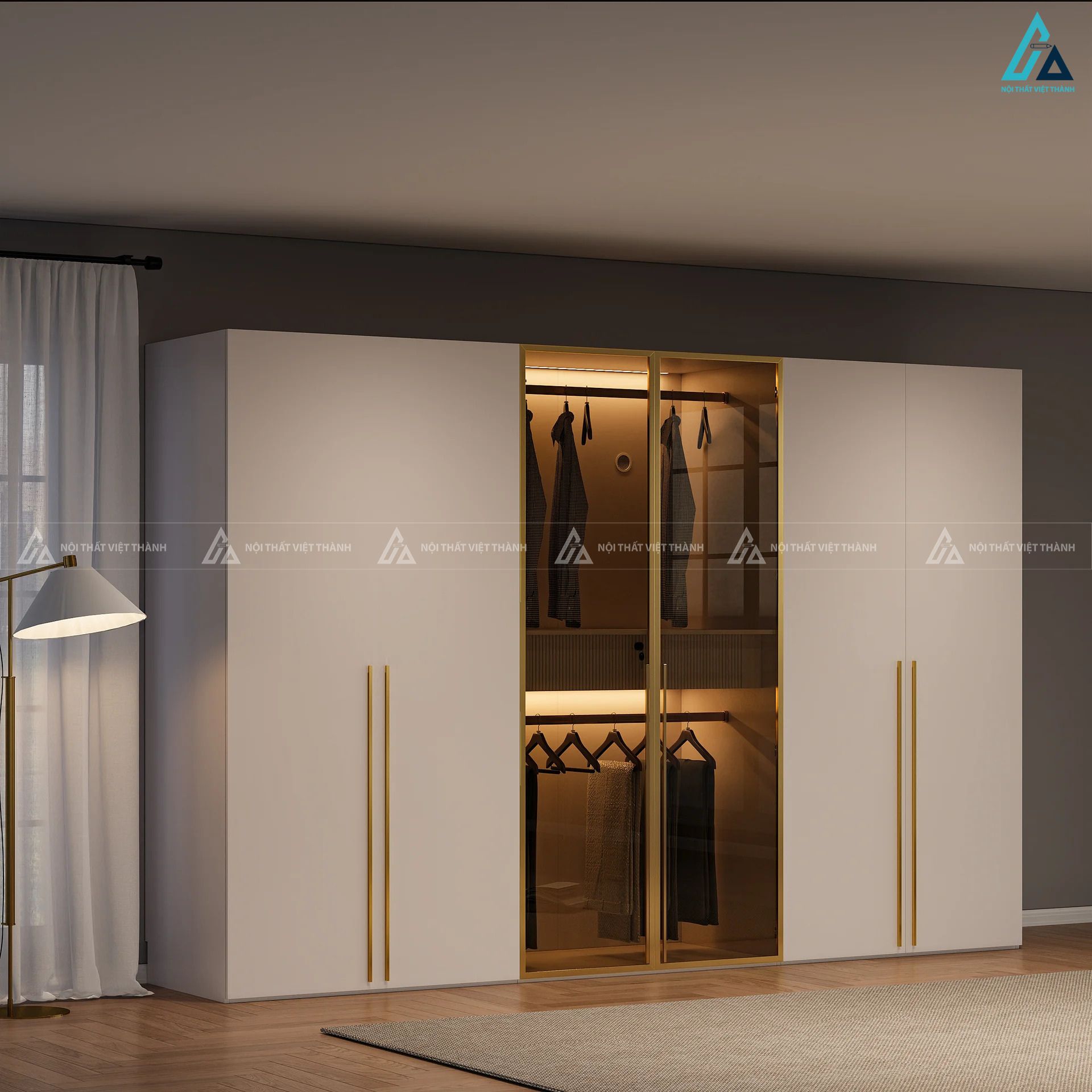 Tủ quần áo cánh kính sang trọng phối khung viền vàng đẳng cấp