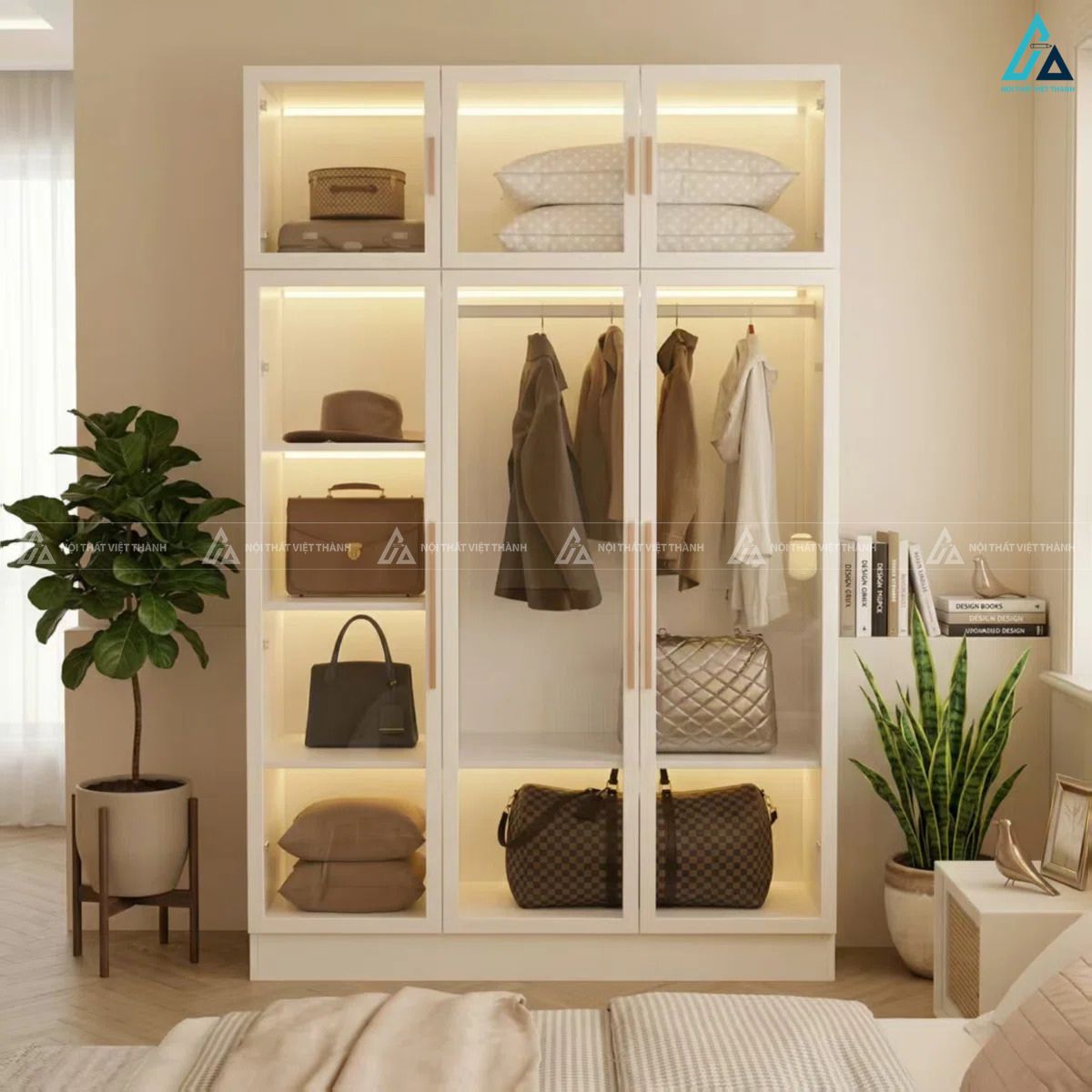 Tủ quần áo cánh kính khung trắng thiết kế thông minh cho mọi gia đình