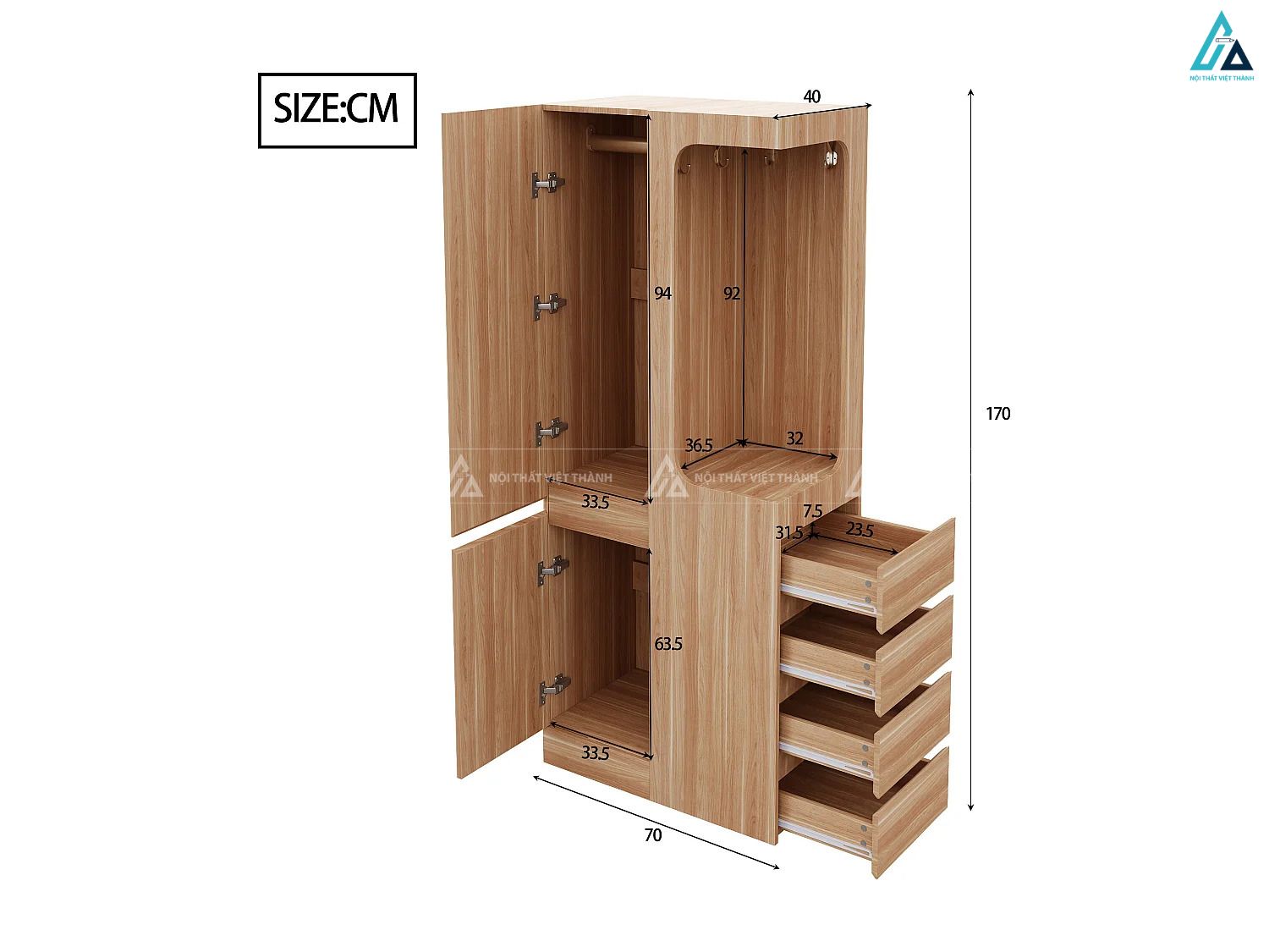 Tủ quần áo gỗ công nghiệp vân gỗ tích hợp ngăn kéo tiện lợi 3
