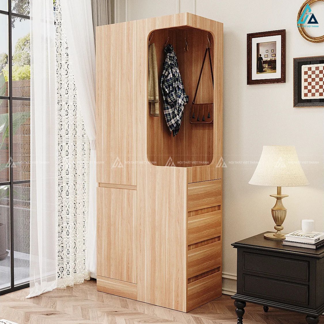 Tủ quần áo gỗ công nghiệp vân gỗ tích hợp ngăn kéo tiện lợi