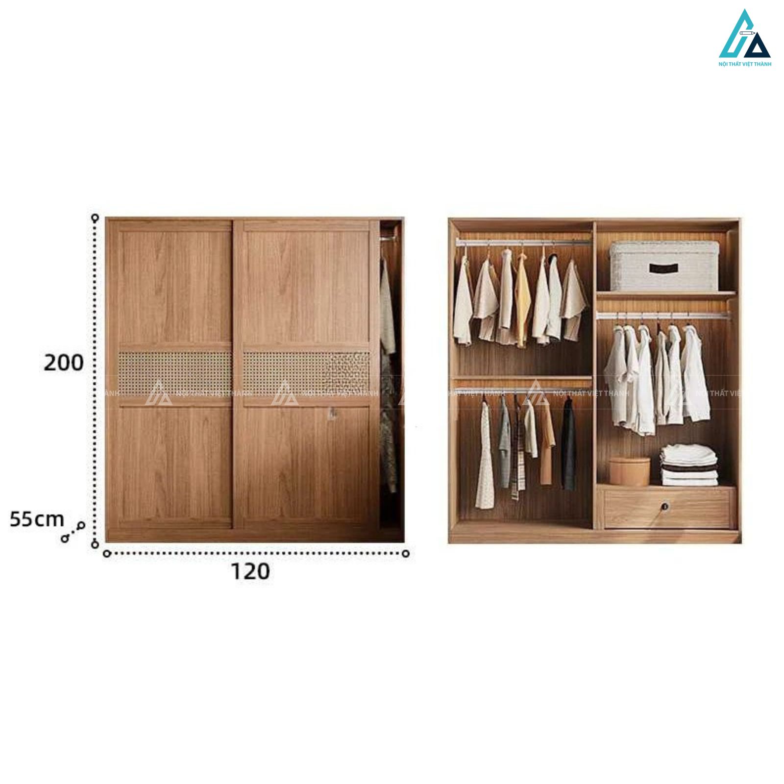 Hệ tủ quần áo gỗ công nghiệp cửa lùa phối mây tre đan bền đẹp 4