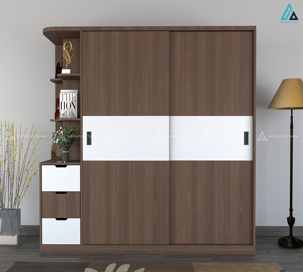 Mẫu tủ quần áo cửa lùa có kệ trang trí và ngăn kéo thông minh 3