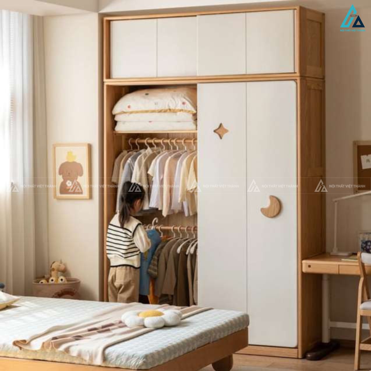 Tủ quần áo trẻ em cửa lùa phối trắng thiết kế đơn giản thông minh