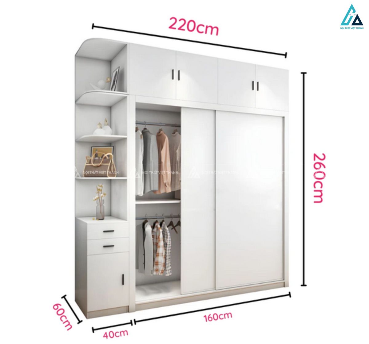 Tủ quần áo cửa lùa màu trắng cao cấp có kệ trưng bày tiện nghi 4