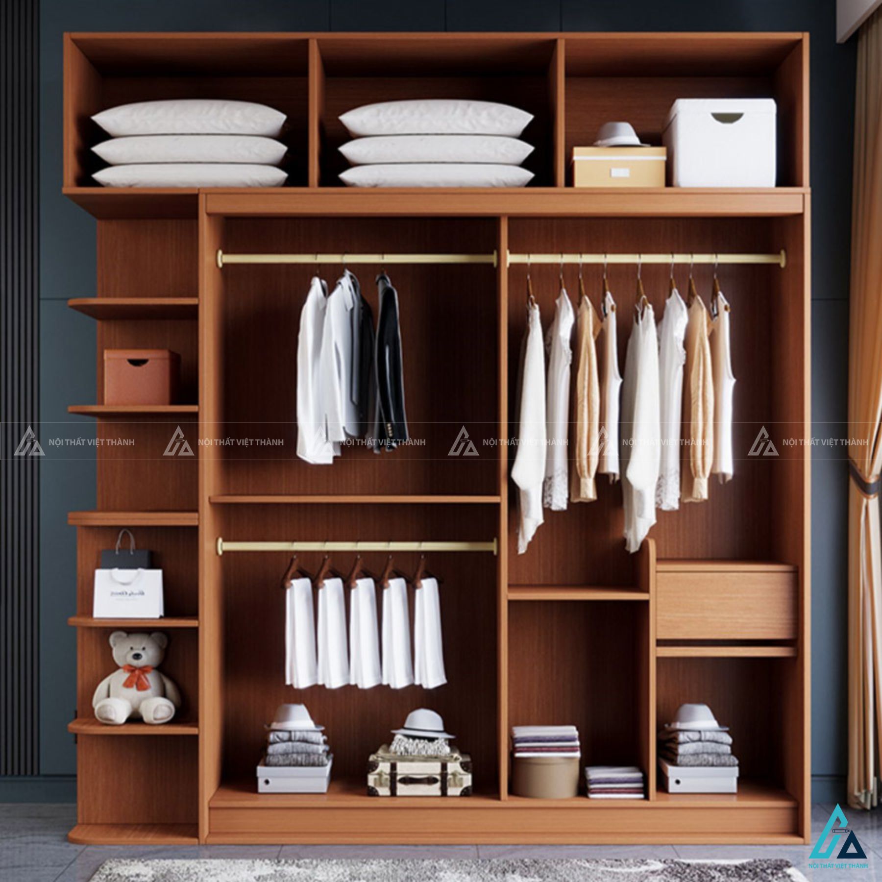 Tủ quần áo gỗ tự nhiên kịch trần cửa lùa tích hợp kệ trang trí 2
